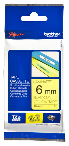 Brother TZ611 Ruban pour étiqueteuse (Noir Sur Jaune) 6mm Compatible With PT Serie (E500/E550/E300/E110)